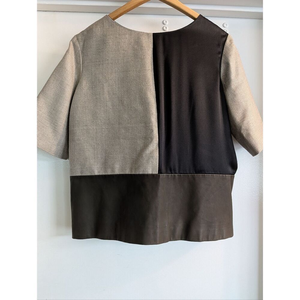 Bally Two-Tone Black and Beige Short Sleeve Shirt Color Blocking Silk Leather